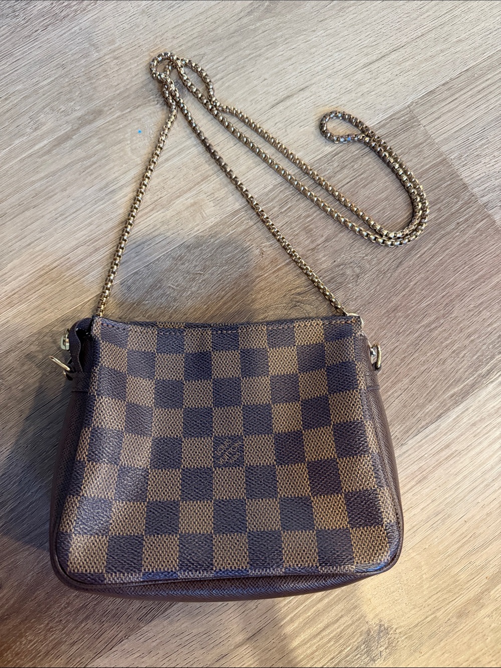 Designer-Style Brown Checkerboard Crossbody Bag with Gold Chain